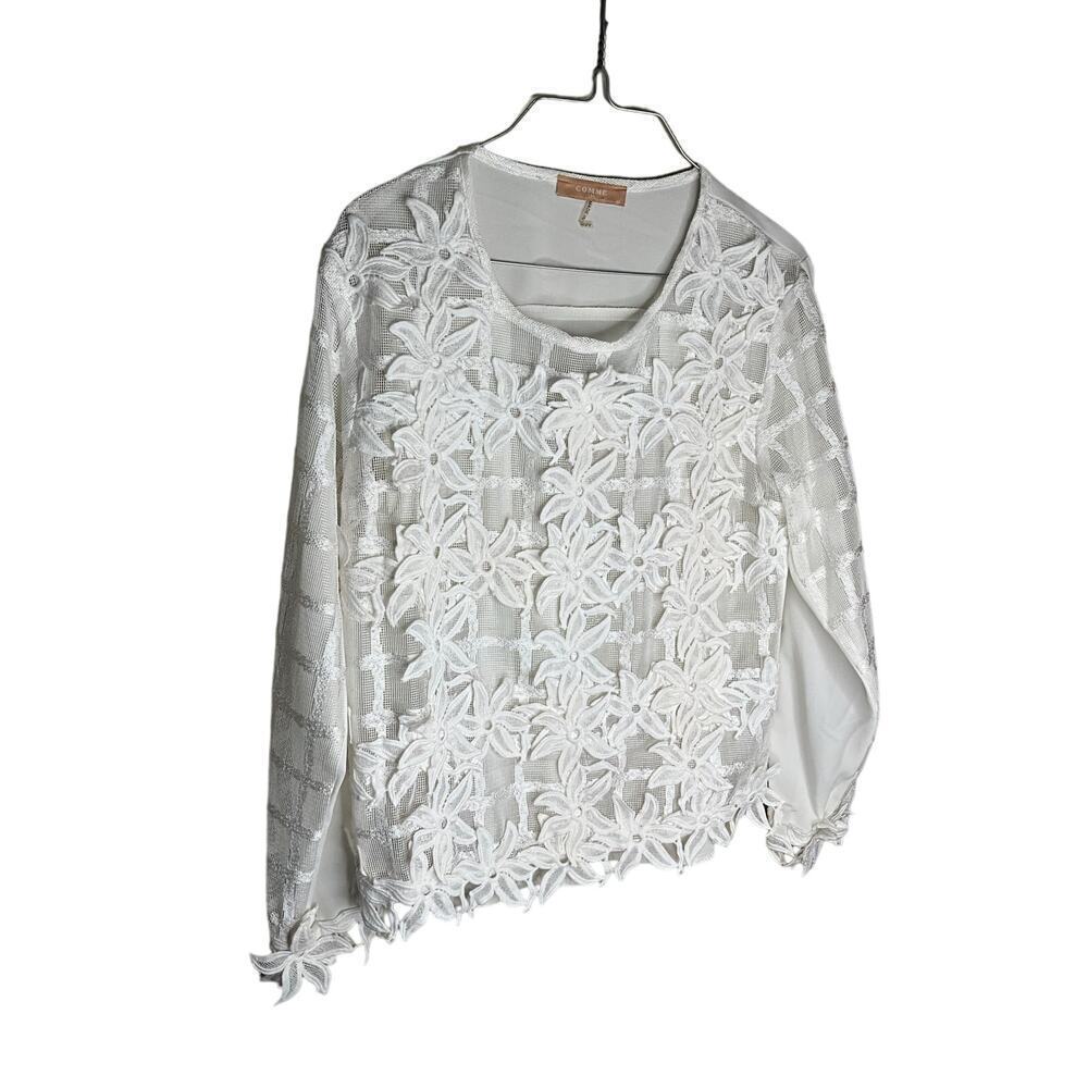 Comme USA Lace Blouse Long Sleeve Sheer Round Neck Lace White Womens Medium NWOT